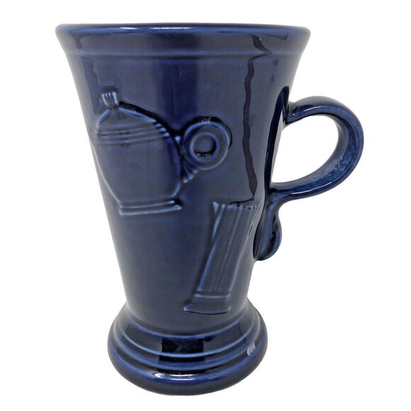 VTG Fiesta Pedestal Mug Cobalt Fiestaware 18 oz Latte Cappuccino Embossed Icons - Picture 1 of 12